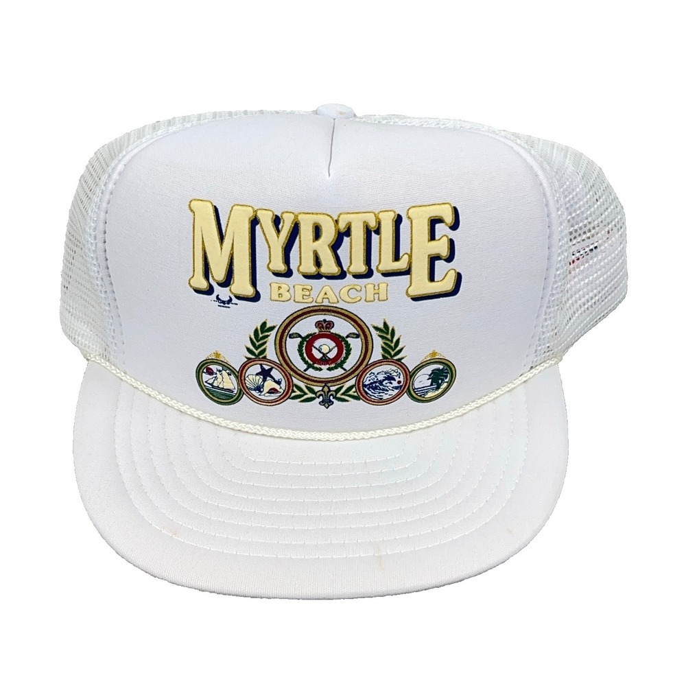 Vintage Nissin Myrtle Beach Trucker Hat White Snapback Mesh 90s Vacation Cap BG1